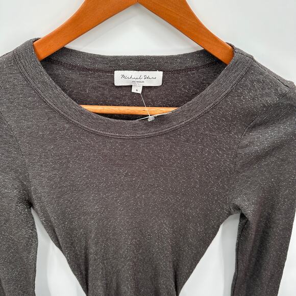 MICHAEL STARS NWT Ultra Rib Shine Long Sleeve Bodycon Ruched Dress // S - Picture 7 of 12